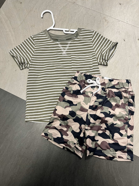 Green stripes and camouflage boys shorts set