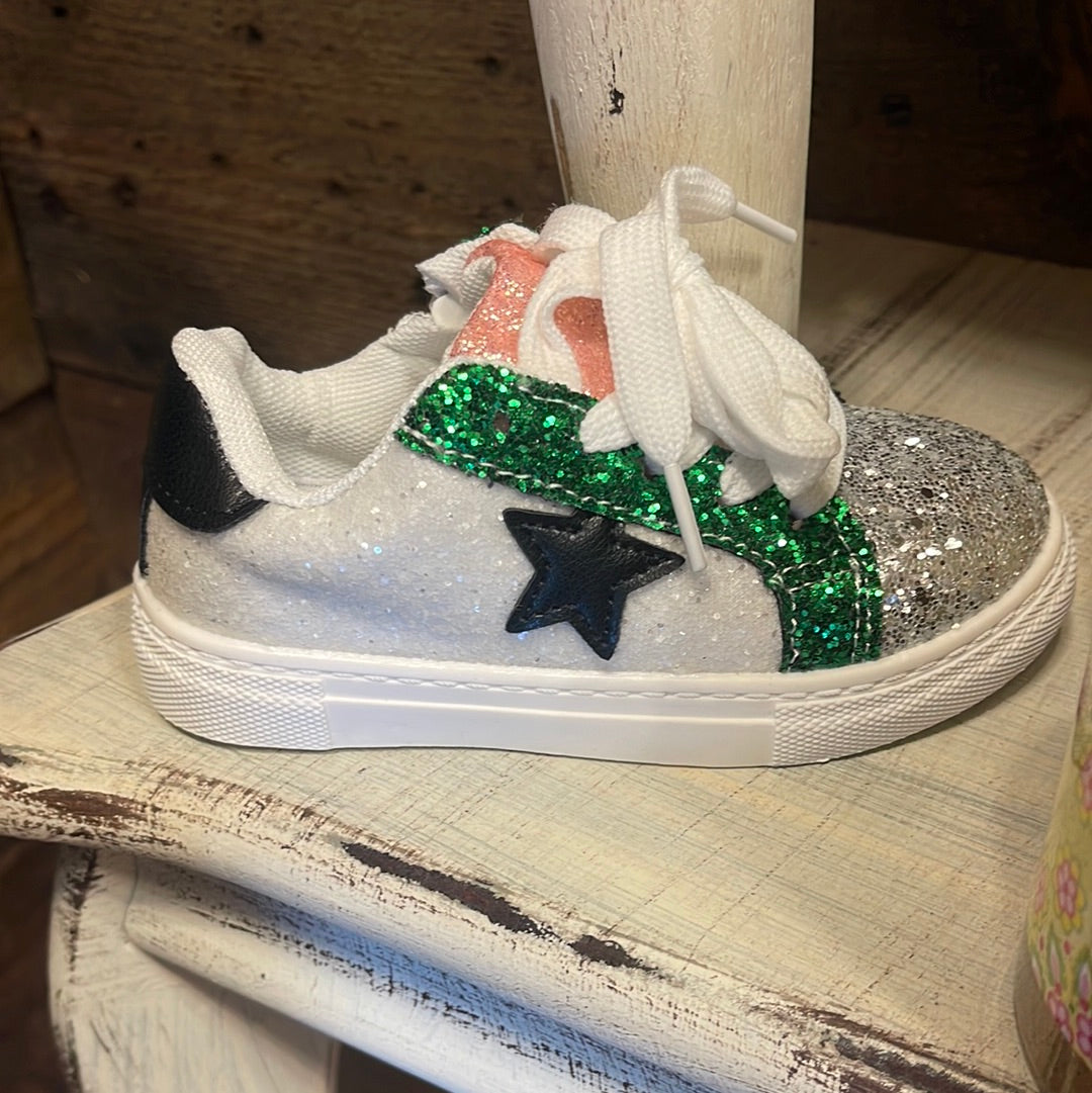 Green Star Color Block Glitter Sneakers