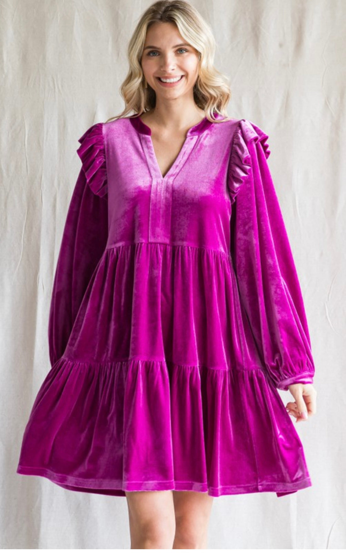 Magenta Velvet Ruffle Dress