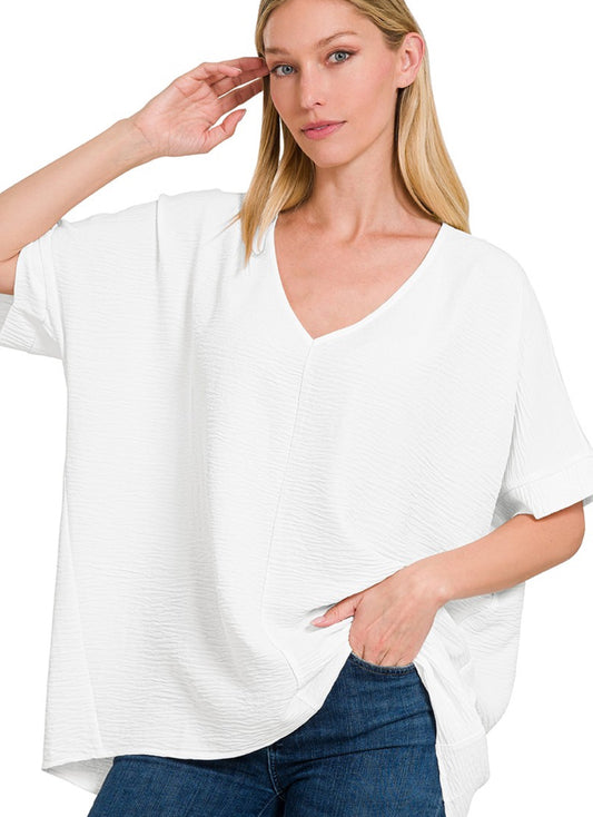 Woven airflow Dolman Short Sleeve Top Off White