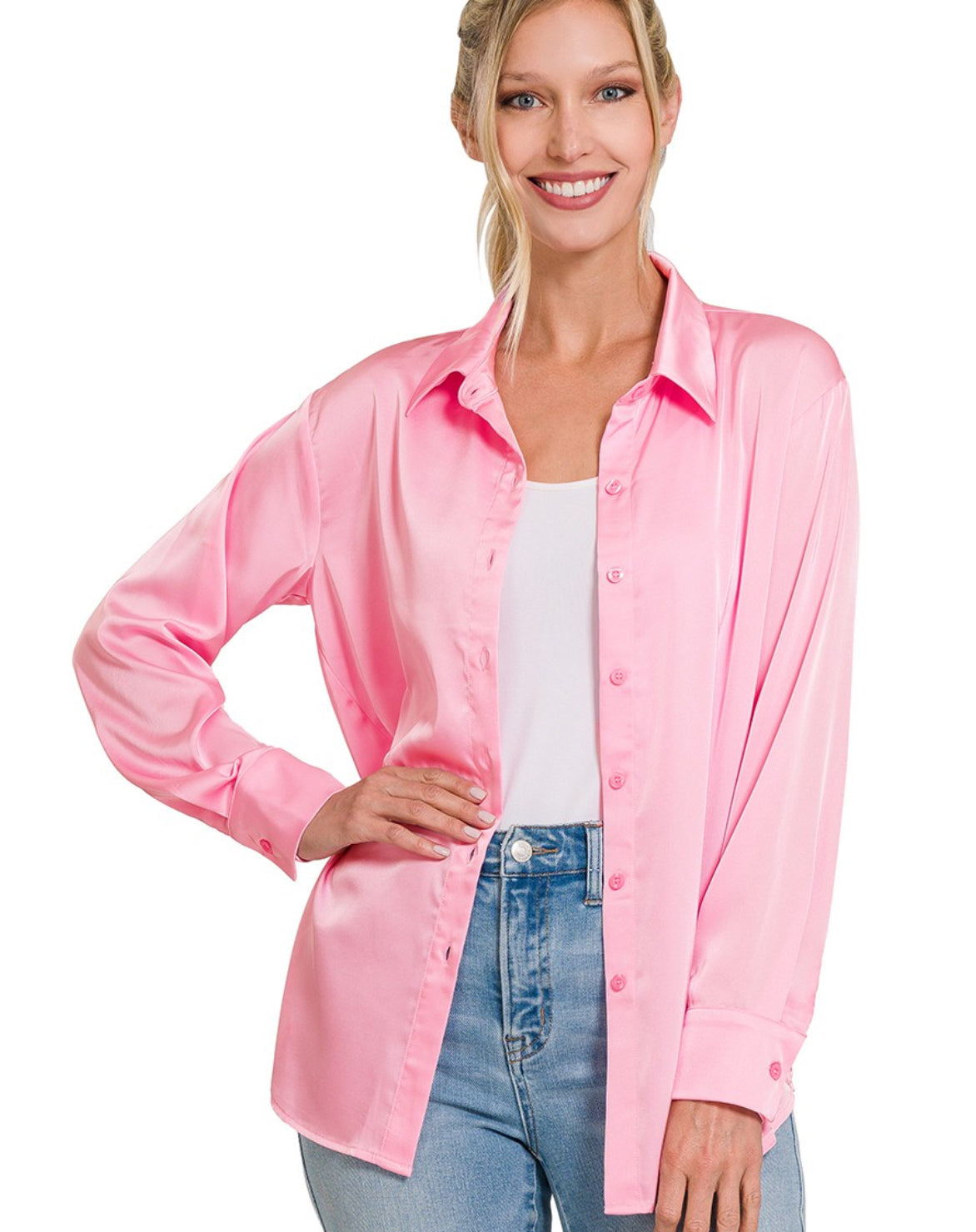 Satin Charmeuse Button Shirt in Pink