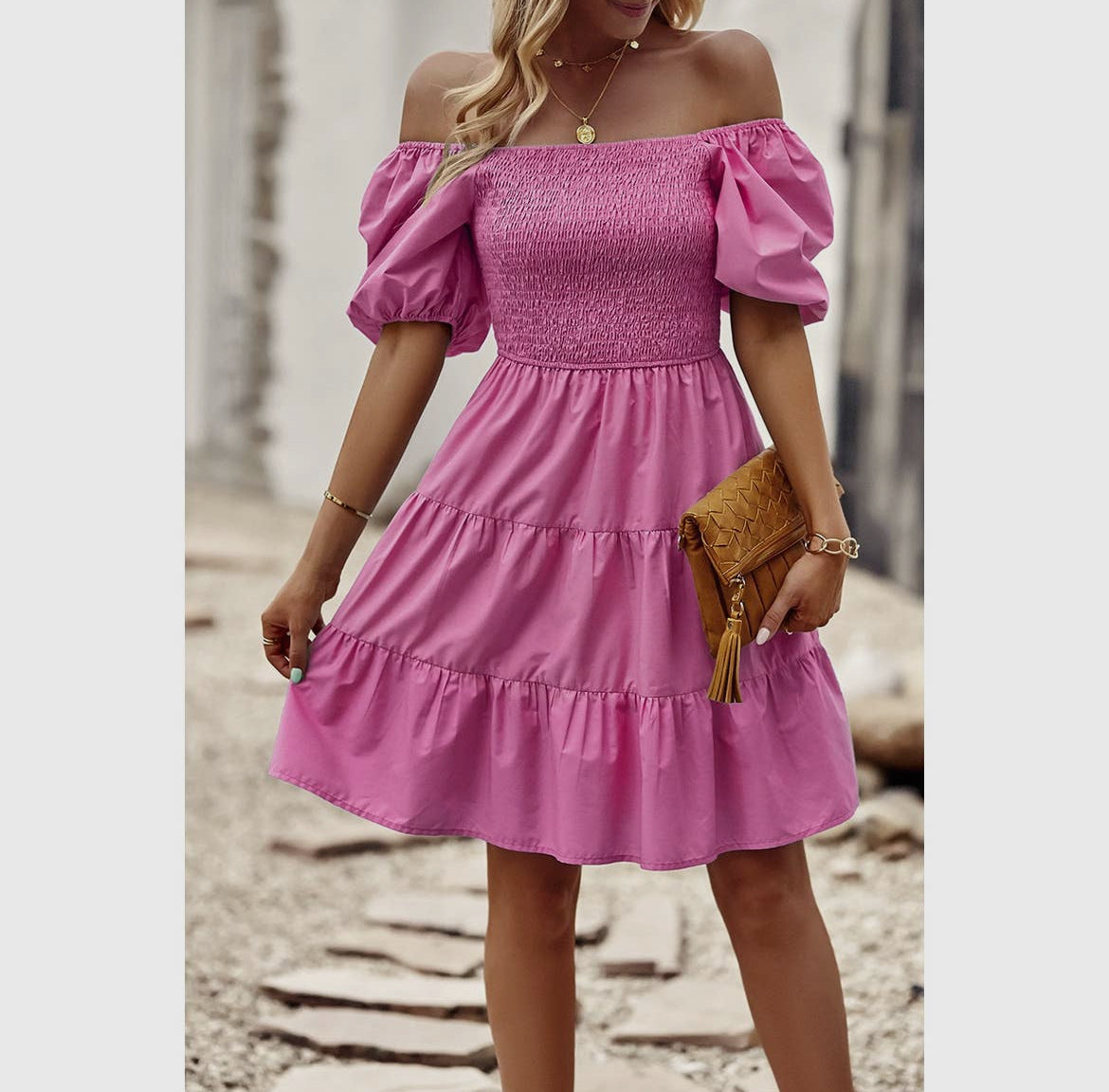 Ruched Puff Sleeve Solid Dress