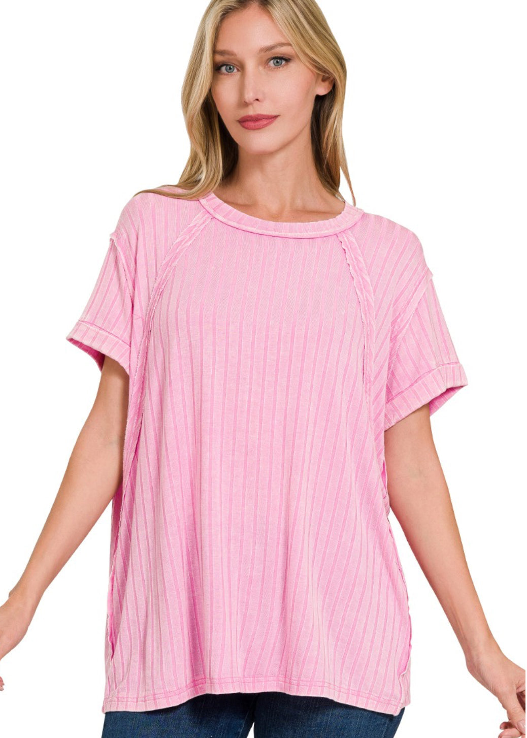 Ribbed Raglon Dolman Sleeve Top in Candy Pink