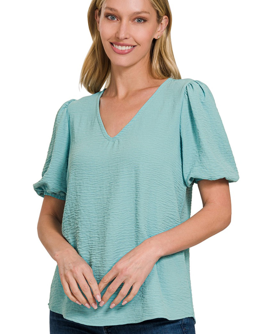 Woven Airflow Puff Sleeve Top Dusty Teal