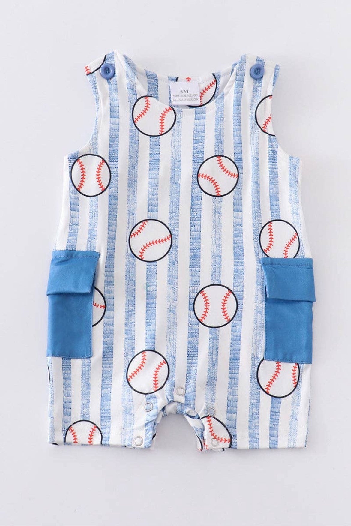 Blue striped baseball boy romper