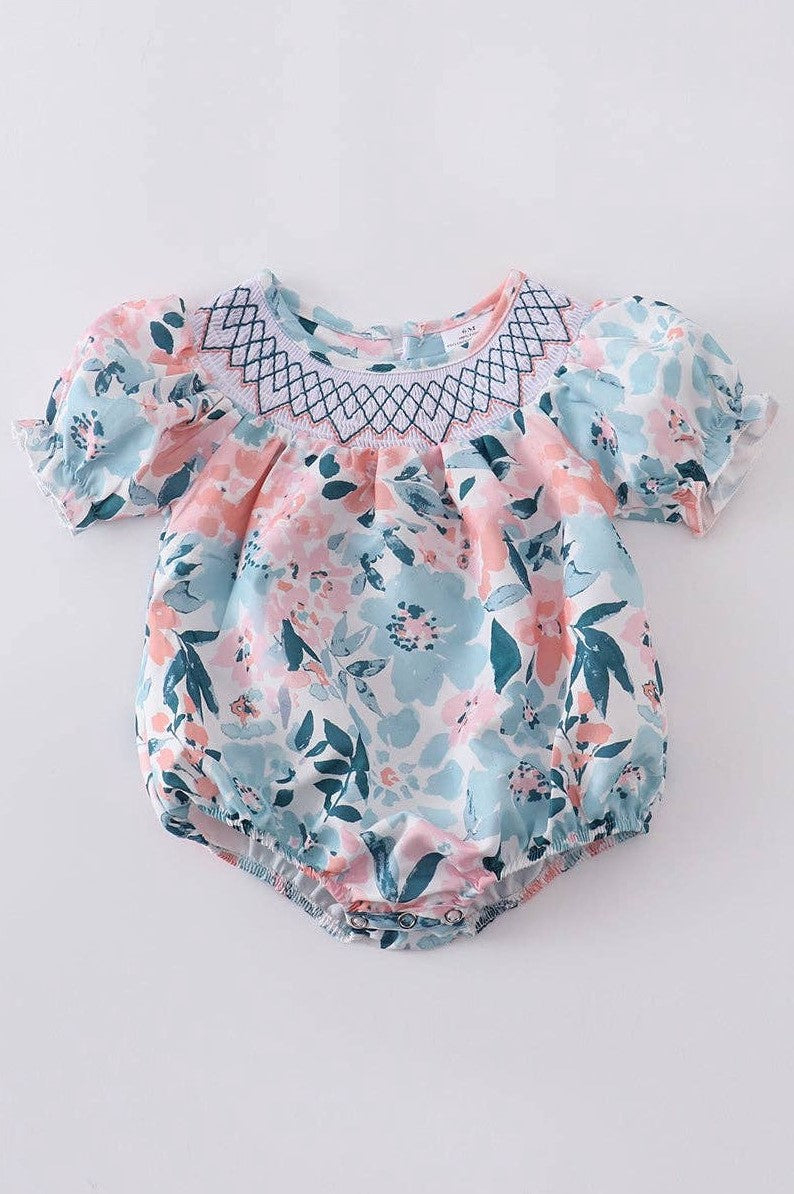 Turquoise floral smocked baby girl romper